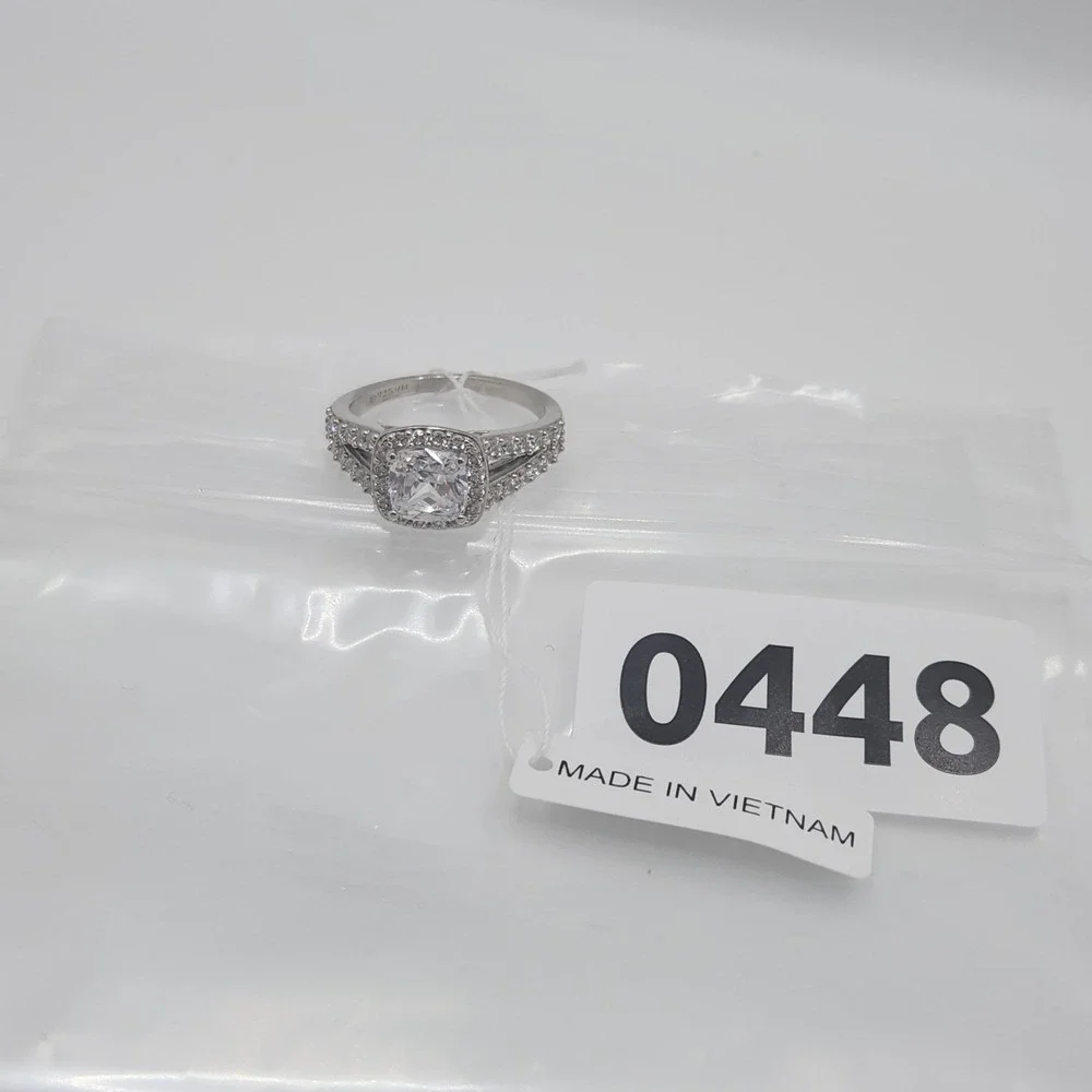 925 Sterling Silver Princess Cut CZ Halo Split Shank Ring Size 8 Art Deco Style